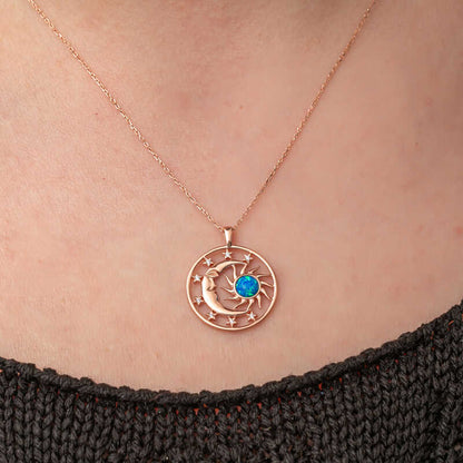 Rose Gold Plated Opal Blue Stone Moon Sun Women's Silver Necklace