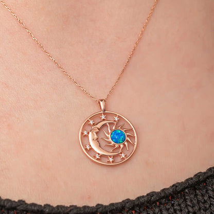 Rose Gold Plated Opal Blue Stone Moon Sun Women's Silver Necklace
