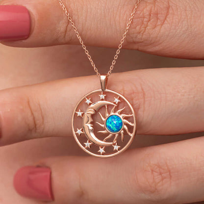 Rose Gold Plated Opal Blue Stone Moon Sun Women's Silver Necklace