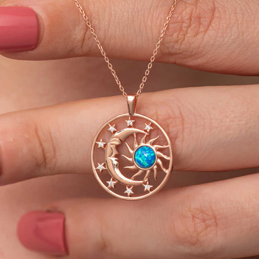 Rosévergoldete Damen-Silberkette mit Opal und blauem Stein, Mond und Sonne