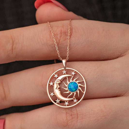 Rose Gold Plated Opal Blue Stone Moon Sun Women's Silver Necklace
