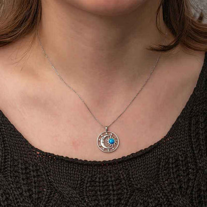 Opal Blue Stone Sun Moon Women's Silver Necklace