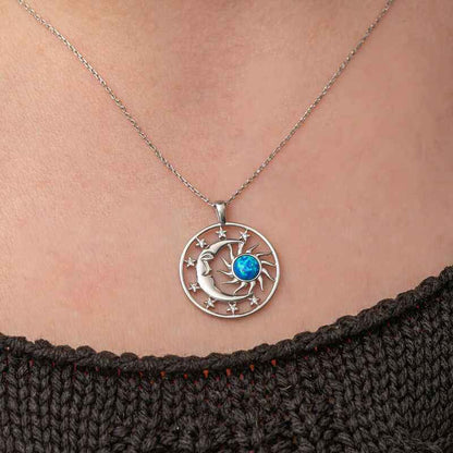 Opal Blue Stone Sun Moon Women's Silver Necklace