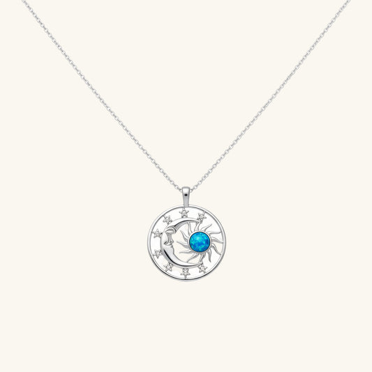 Opal Blue Stone Sun Moon Women's Silver Necklace