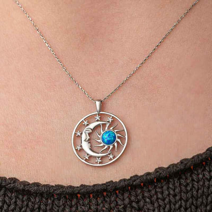 Opal Blue Stone Sun Moon Women's Silver Necklace