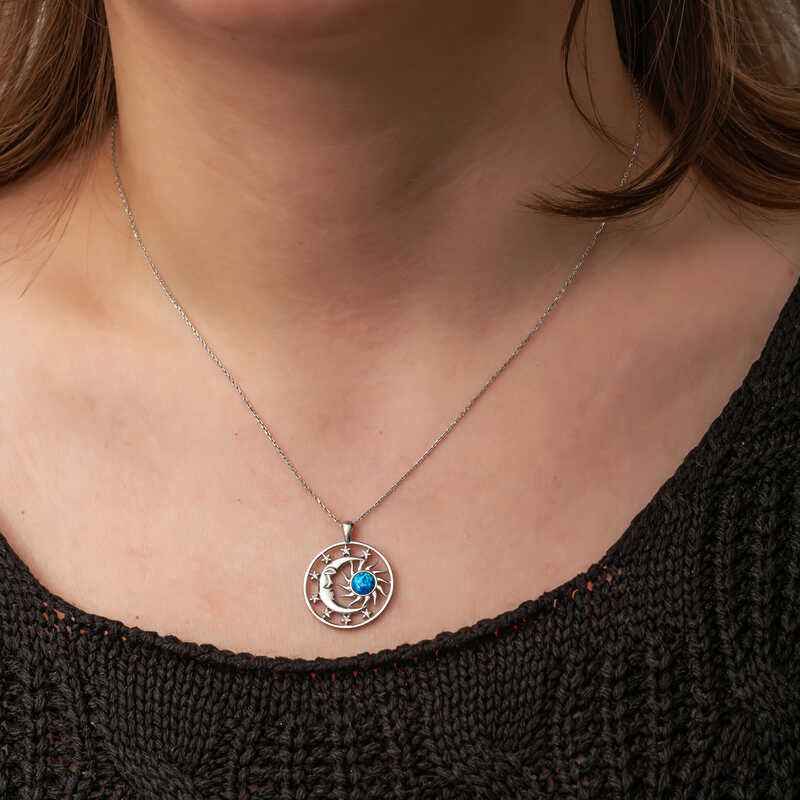 Opal Blue Stone Sun Moon Women's Silver Necklace