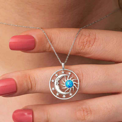 Opal Blue Stone Sun Moon Women's Silver Necklace