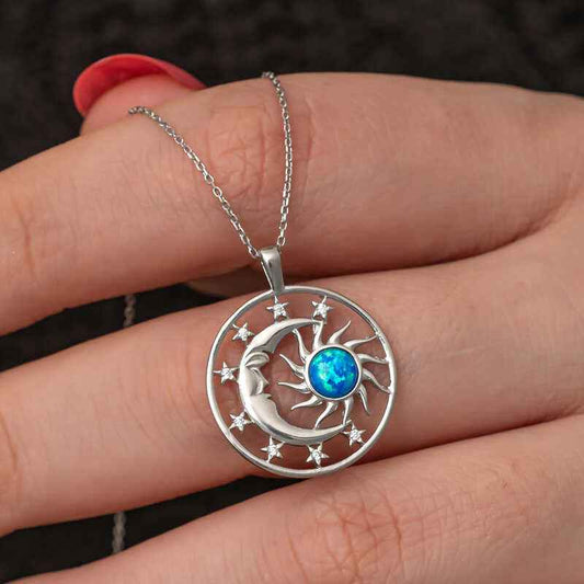Opal Blue Stone Sun Moon Women's Silver Necklace