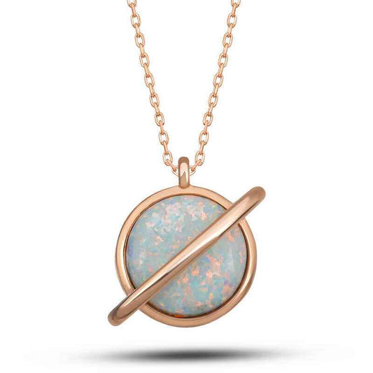 Rose Opal Stone Planet Women's Silver Necklace