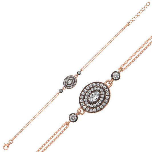 Rose Plated Oval Diamond Setting Women's Silver Bracelet