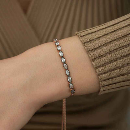 Rose Plated Oval Cut Diamond Mount Elevator Silver Bracelet