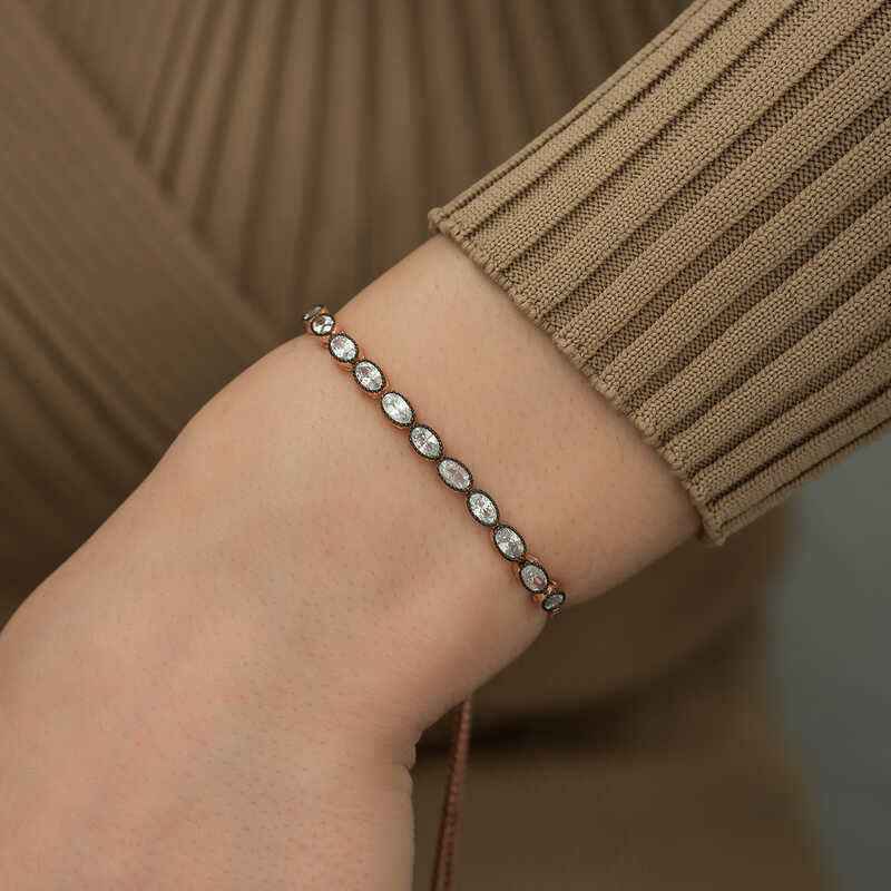 Rose Plated Oval Cut Diamond Mount Elevator Silver Bracelet