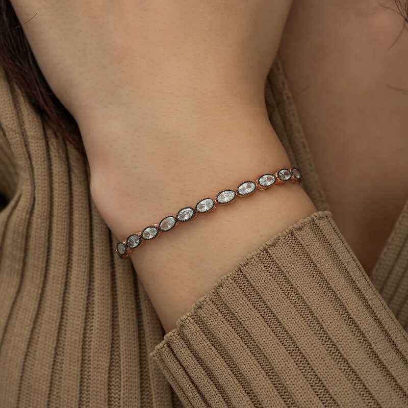 Rose Plated Oval Cut Diamond Mount Elevator Silver Bracelet