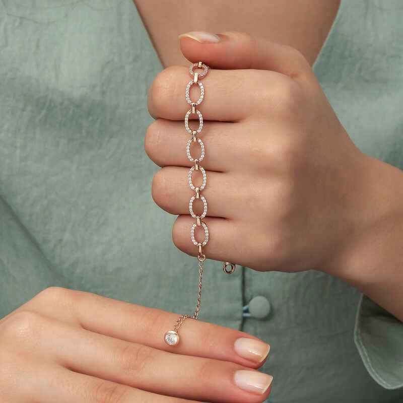 Oval Stone Rose Plated Women's Silver Bracelet