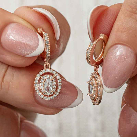 Oval Stone Dangle Rose Plated Silver Earrings
