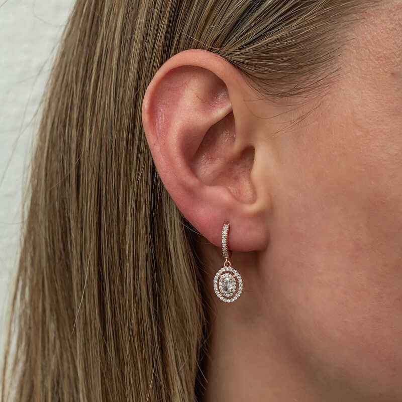 Oval Stone Dangle Rose Plated Silver Earrings