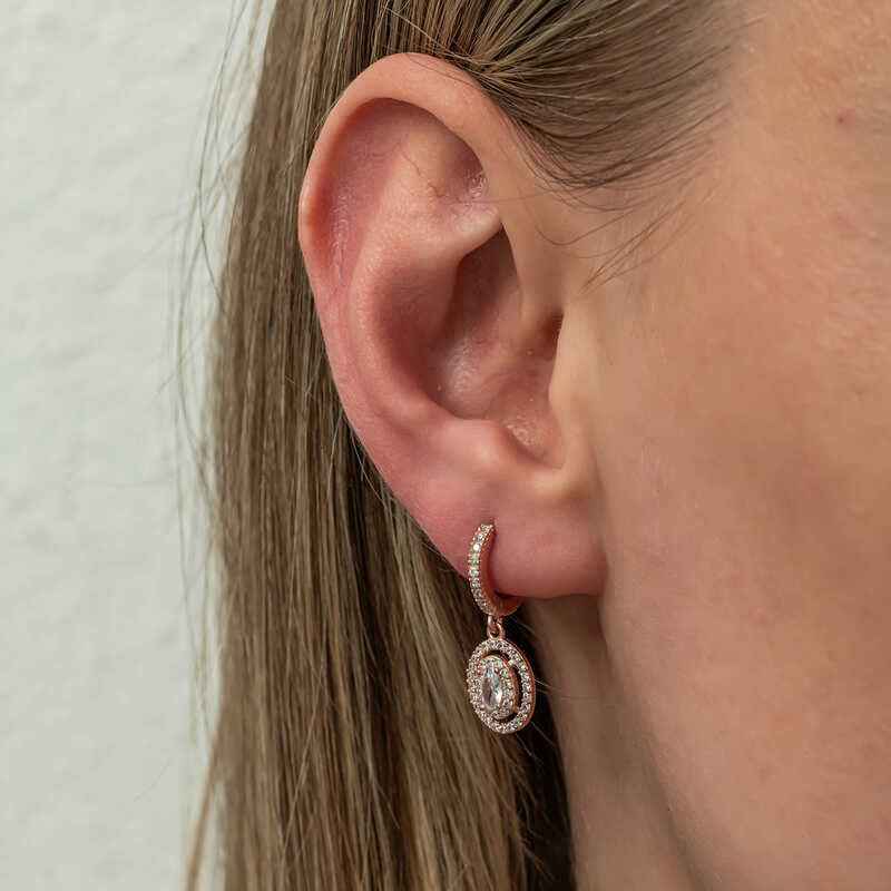 Oval Stone Dangle Rose Plated Silver Earrings