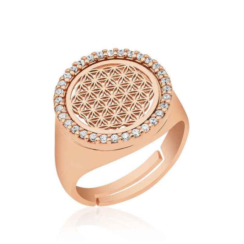 Oval Flower of Life Rose Plated Silver Ring