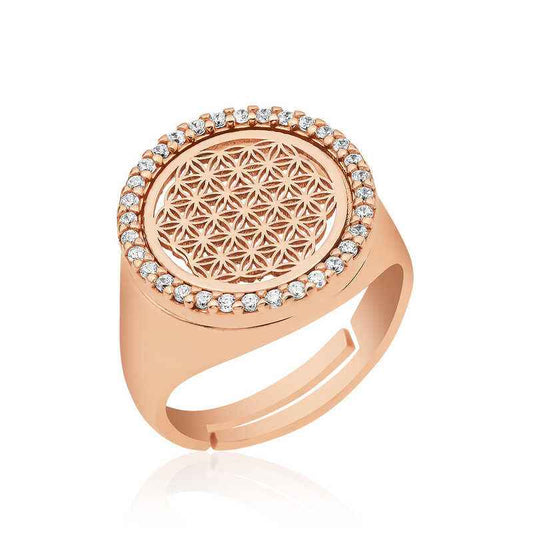Oval Flower of Life Rose Plated Silver Ring