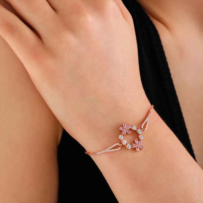 Pink Flower Rose Plated Women's Silver Bracelet