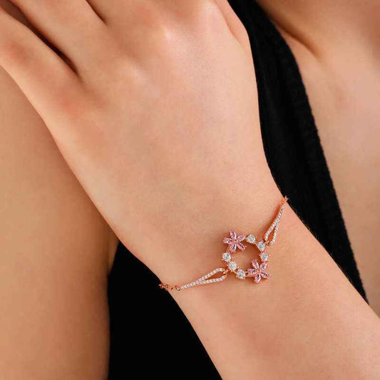 Pink Flower Rose Plated Women's Silver Bracelet