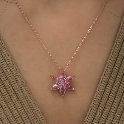 Pink Flower Rose Plated Silver Necklace