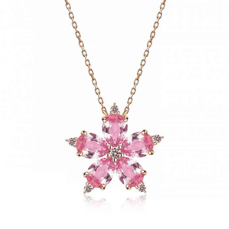Pink Camellia Flower Rose Plated Silver Necklace