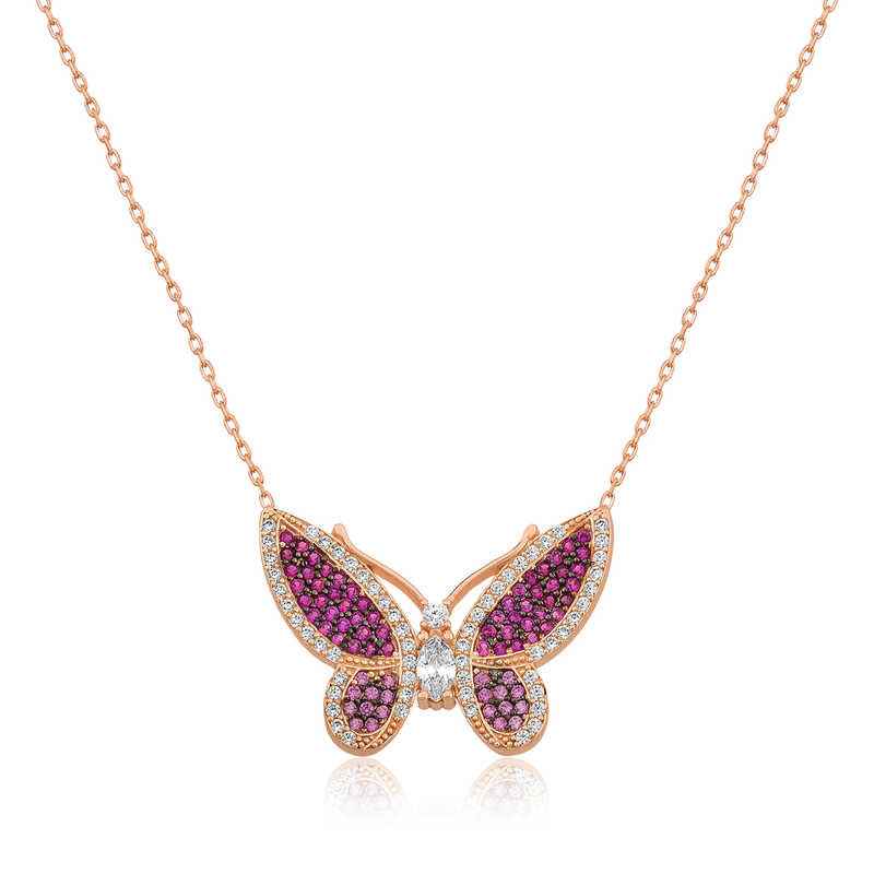 Pink Butterfly Rose Plated Silver Women's Necklace