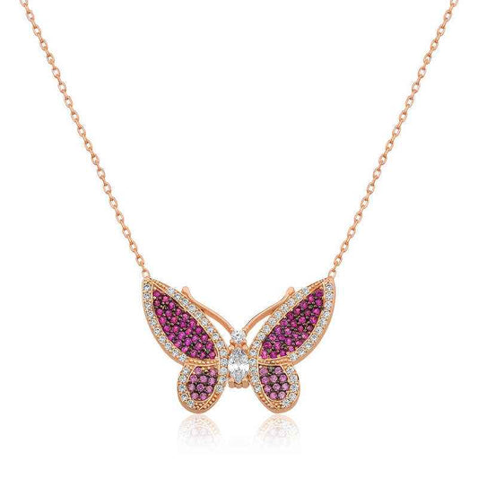 Pink Butterfly Rose Plated Silver Women's Necklace
