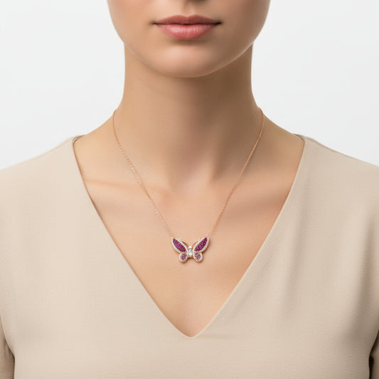 Pink Butterfly Rose Plated Silver Women's Necklace