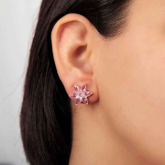 Pink Lotus Flower Stud Women's Rose Plated Silver Earrings
