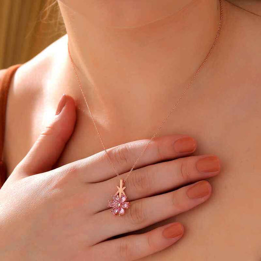 Pink Love Flower Women's Rose Plated Silver Necklace