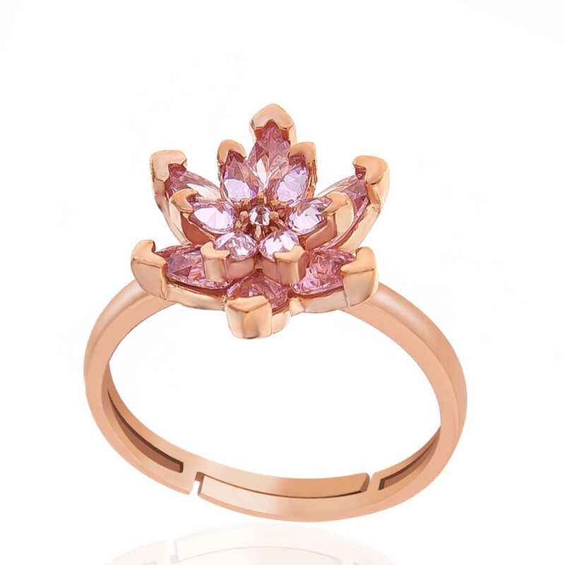 Pink Stone Lotus Flower Rose Plated Adjustable Women's Silver Ring