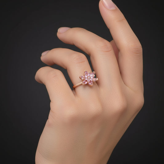 Pink Stone Lotus Flower Women's Rose Plated Silver Ring
