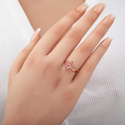 Anillo de plata con baño de rosa y flor de loto de piedra rosa para mujer
