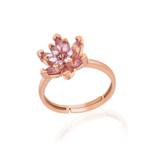 Bague en argent plaqué rose pour femme avec fleur de lotus en pierre rose