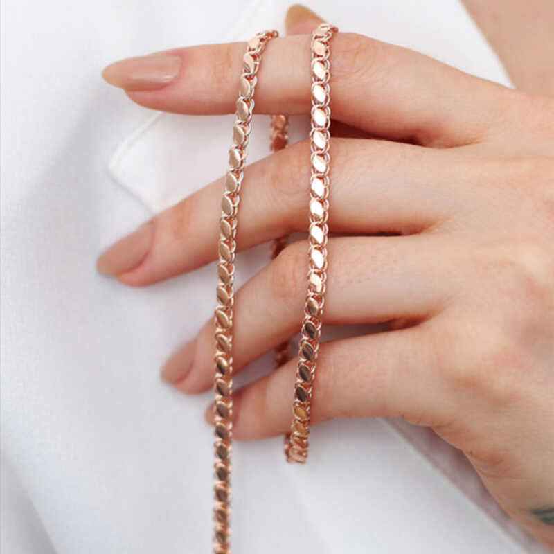 Rose Plated Beaded Barley Chain Silver Necklace