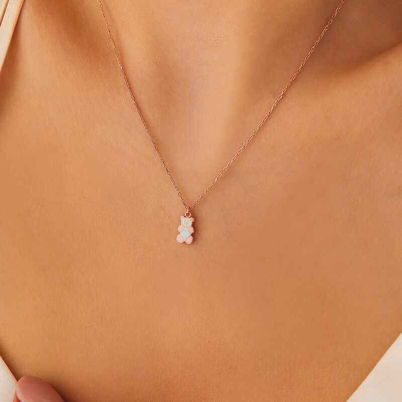 Rose Colored Teddy Bear Women's Silver Pendant