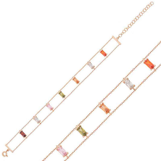 Rose Color Baguette Stone Women's Silver Bracelet