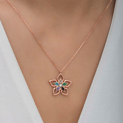Rose Color Stone Flower Women's Silver Necklace
