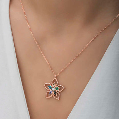 Rose Color Stone Flower Women's Silver Necklace