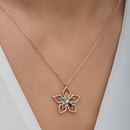 Rose Color Stone Flower Women's Silver Necklace