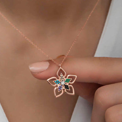 Rose Color Stone Flower Women's Silver Necklace