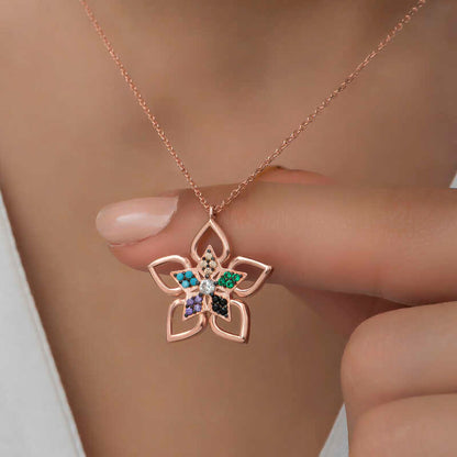 Rose Color Stone Flower Women's Silver Necklace