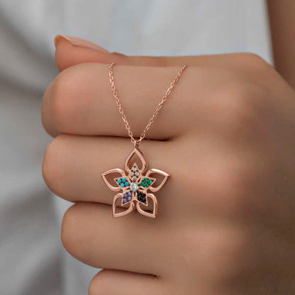 Rose Color Stone Flower Women's Silver Necklace