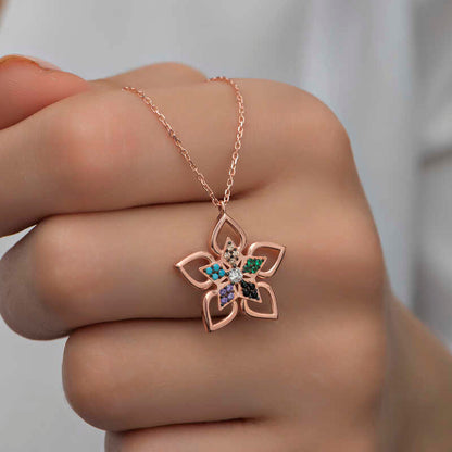 Rose Color Stone Flower Women's Silver Necklace