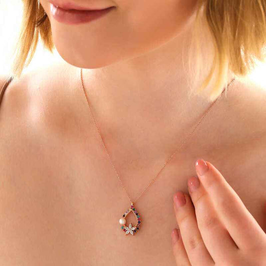 Rose Plated Colorful Stone Floral Women's Silver Necklace