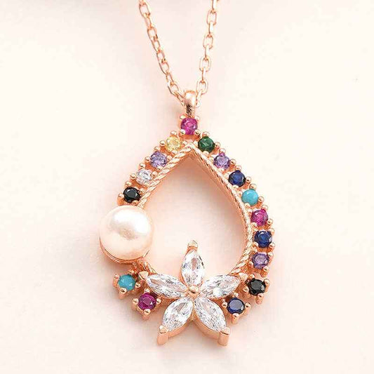 Rose Plated Colorful Stone Floral Women's Silver Necklace