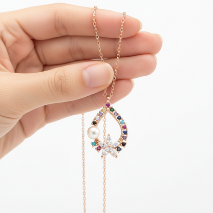 Rosévergoldete bunte Steinblumen-Damen-Silberkette
