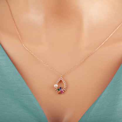 Rose Plated Colorful Stone Floral Women's Silver Necklace